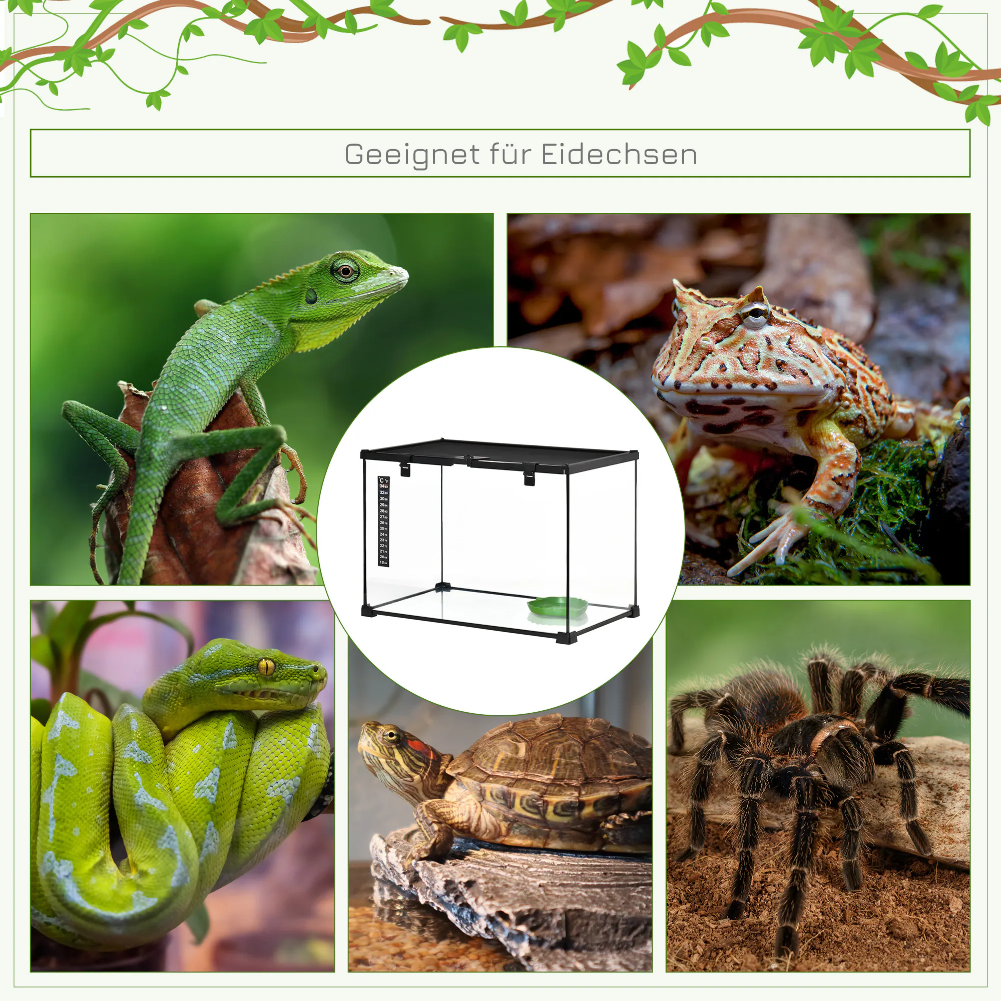 PawHut Terrarium mit Thermometer schwarz 50B x 30T x 35H cm