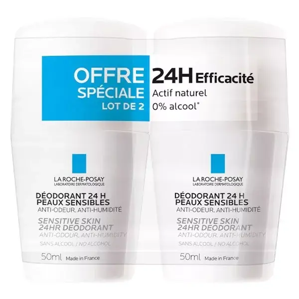 Desodorante Roll-On La Roche-Posay 24H para Pele Sensível, Pacote com 2 x 50ml