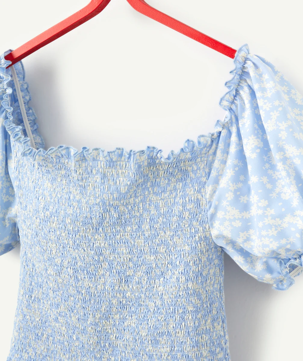 BLOUSE FILLE FLEURIE EN VISCOSE RESPONSABLE ET COL BARDOT