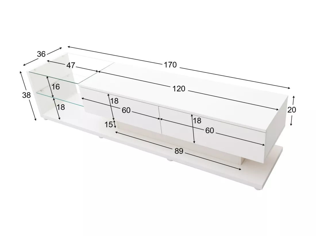 Meuble TV 2 tiroirs et 2 étagères en verre, panneaux bas, avec LED variable, charge max 50kg, 170x36x38cm, Blanc
