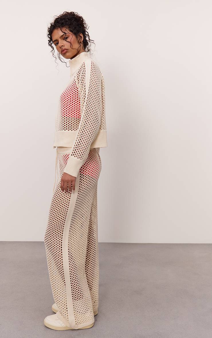 Crème Pantalon De Jogging En Maille Crochet À Détails Rayés