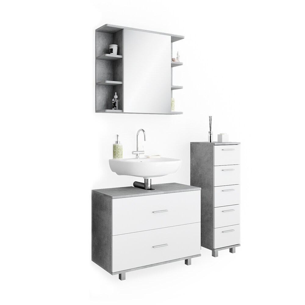 VICCO Badmöbel Set ILIAS Weiß Beton Spiegel Kommode Unterschrank Badschrank