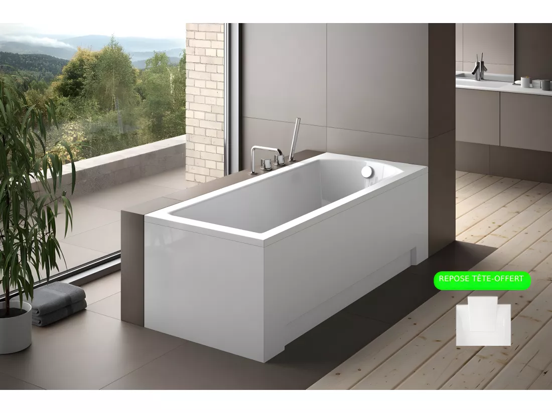 Baignoire rectangulaire + tablier blanc + repose tête - SHEA - 170 x 70 cm