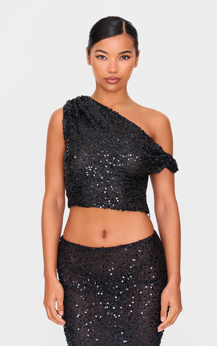 Noir Haut Asymétrique Texturé À Sequins