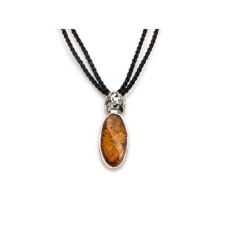 Collier cordon noir argent ambre