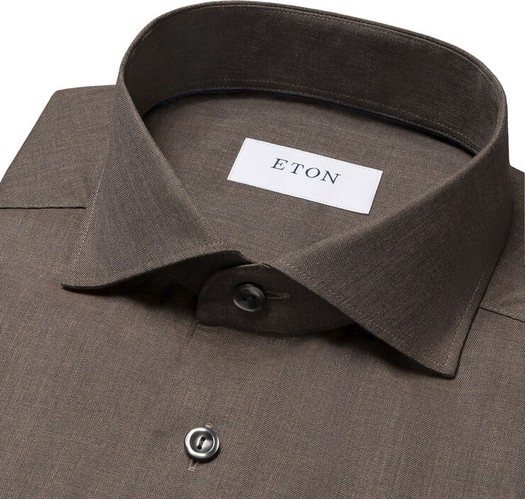 ETON Contemporary Fit Dark Brown Herringbone Wrinkle Free Flannel Shirt Mørkebrun