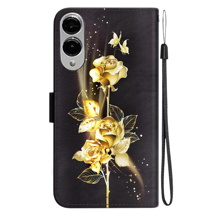 Samsung Galaxy S25 Edge Leder Tasche mit Kartenfach   Handschlaufe - Schmetterling / Rose (Schwarz / Gold)