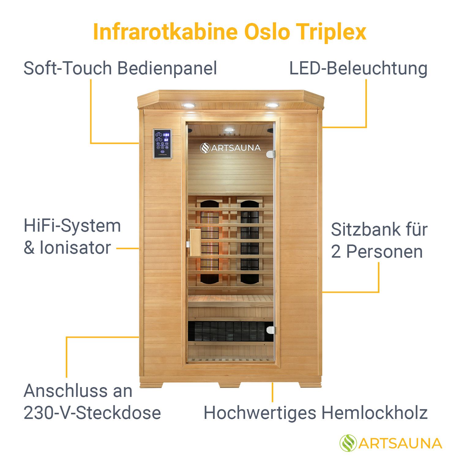Artsauna Infrarotkabine Oslo mit Triplex-Heizsystem | 2 Personen | Hemlock Holz | 120 x 100 cm