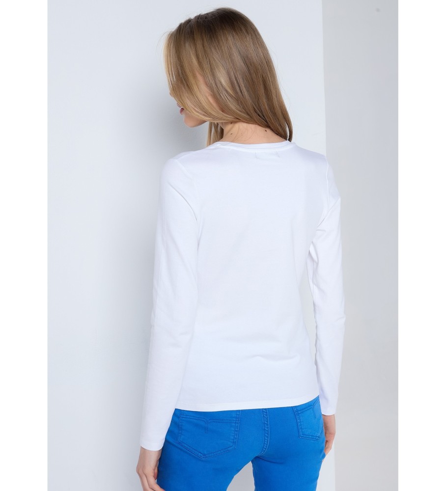 Camiseta básica de manga comprida Lois com logo e pedras preciosas, branca.