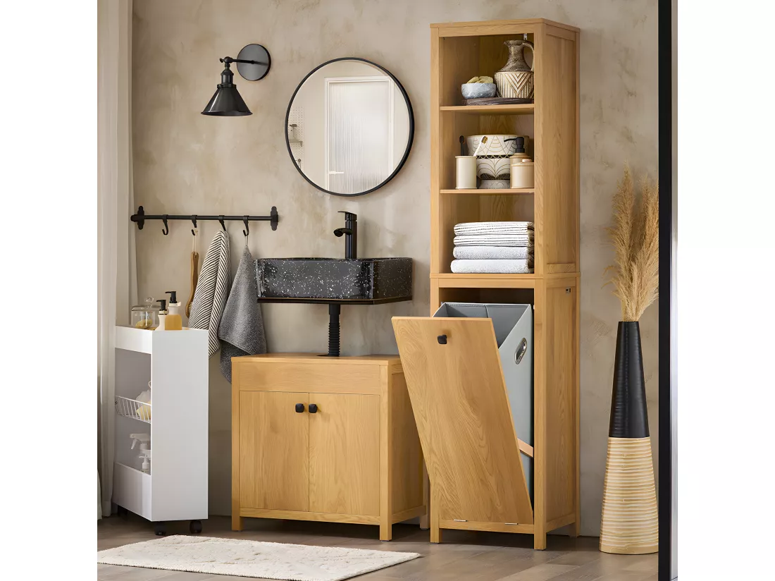 SoBuy Meuble Colonne de Salle de Bain, Armoire Haute, Placard de Rangement, Étagère de Rangement avec 1 Panier à Linge et 3 Étagères pour Salle de Bain, 40x35x173cm, Couleur Naturel Foncé, BZR95-SN
