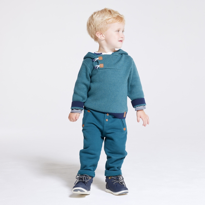Pull col boutonné à capuche vert bébé garçon