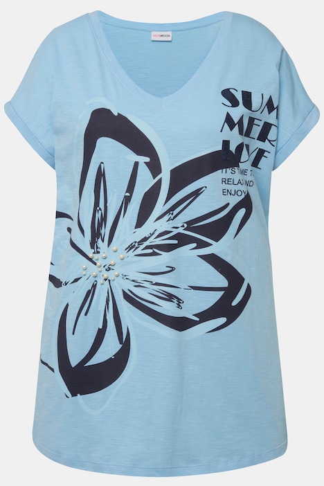 T-Shirt, oversized, XL Blüte, V-Ausschnitt, Halbarm.