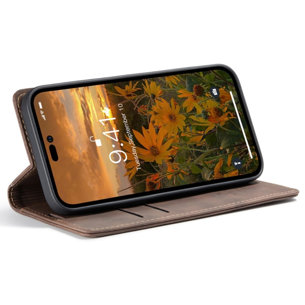 iPhone 14 Pro Leder Tasche Flip Wallet Etui mit Kartenfächern - Braun