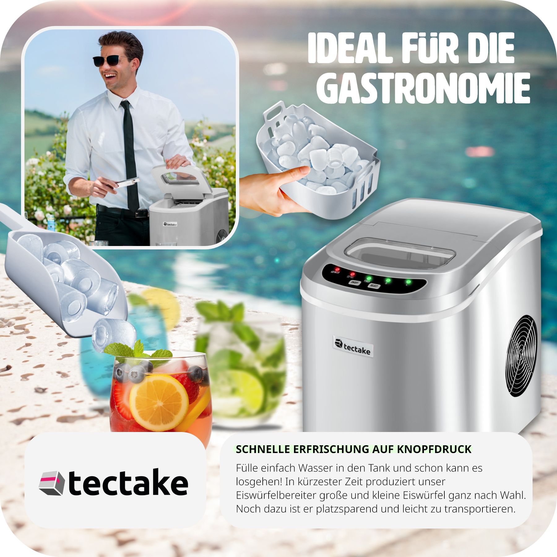tectake® Eiswürfelmaschine, 2,4 l Wassertank, 12 - 15 kg in 24 h, inklusive Eiskorb und Eisschaufel