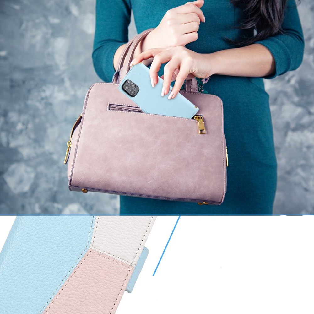iPhone 12 / iPhone 12 Pro Leder Tasche Flip Cover Litchi Look mit Kartenfächern Geometrisches Design - Blau / Rosa / Weiss