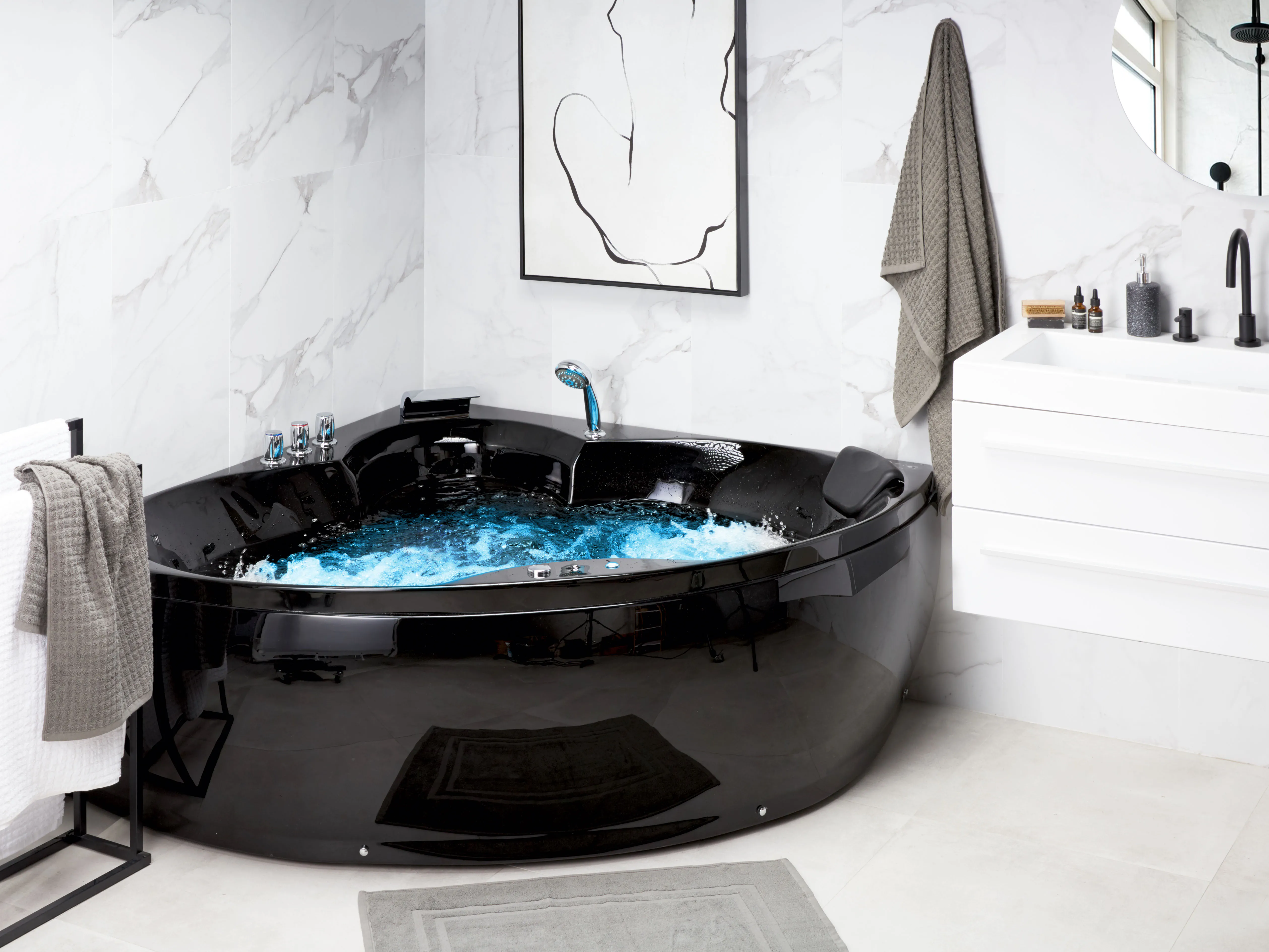 Hoek bubbelbad met LED SENADO 205 x 150 cm Zwart