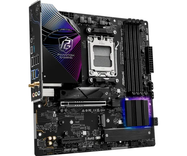 ASRock Phantom Gaming B850M RIPTIDE WIFI - Bundkort - micro ATX - Socket AM5 - AMD B850 Chipset - USB 3.2 Gen 2, USB-C 3.2 Gen2, USB 3.2 Gen 1 - 2.5 Gigabit LAN, Wi-Fi 7, Bluetooth - onboard grafik (CPU påkrævet) - HD Audio (8-kanaler)