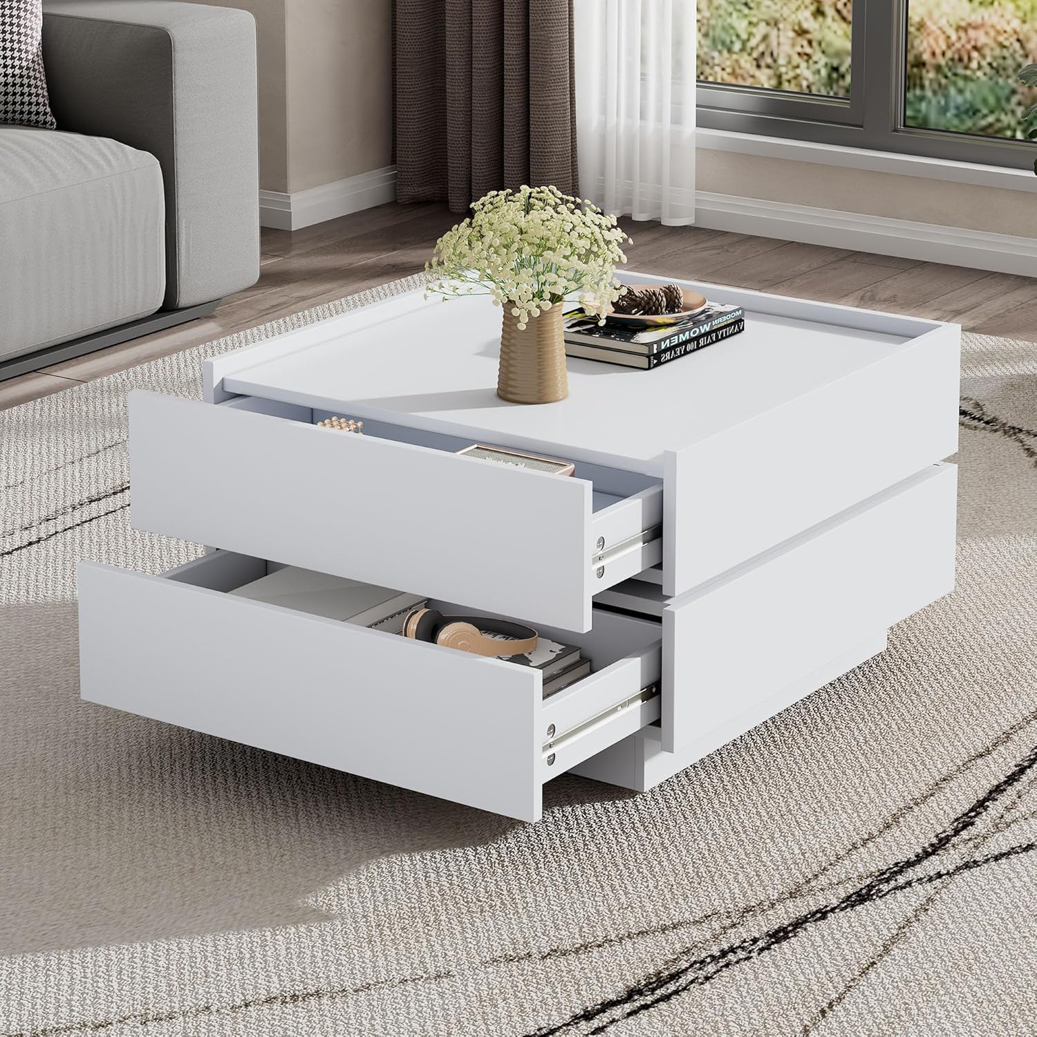 BTM Funktionaler Couchtisch für das Wohnzimmer, 360° drehbar, drehbare Tischplatte mit 2 Ablagen und Stauraum, Gestell Wohnzimmerbeistelltisch reinweiß, 60x60x38 cm