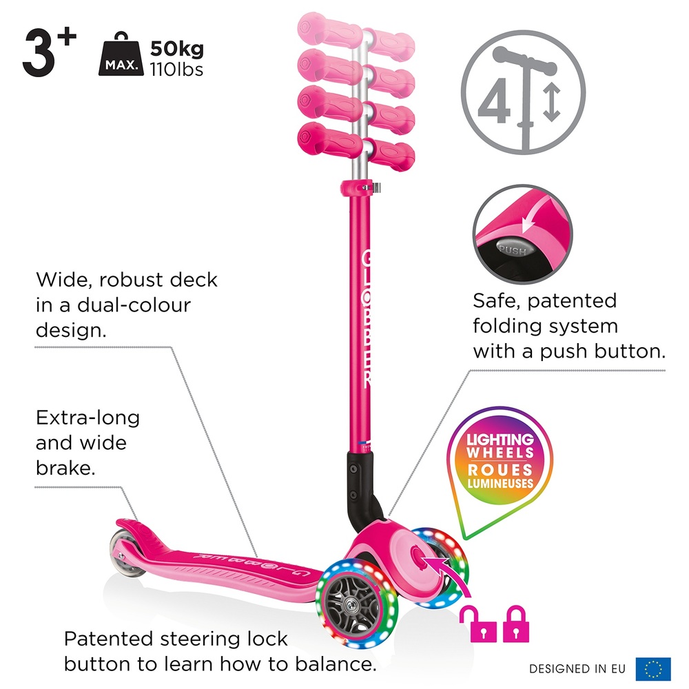 Globber PRIMO Faltbarer Scooter mit Beleuchtung, Fuchsia Pink