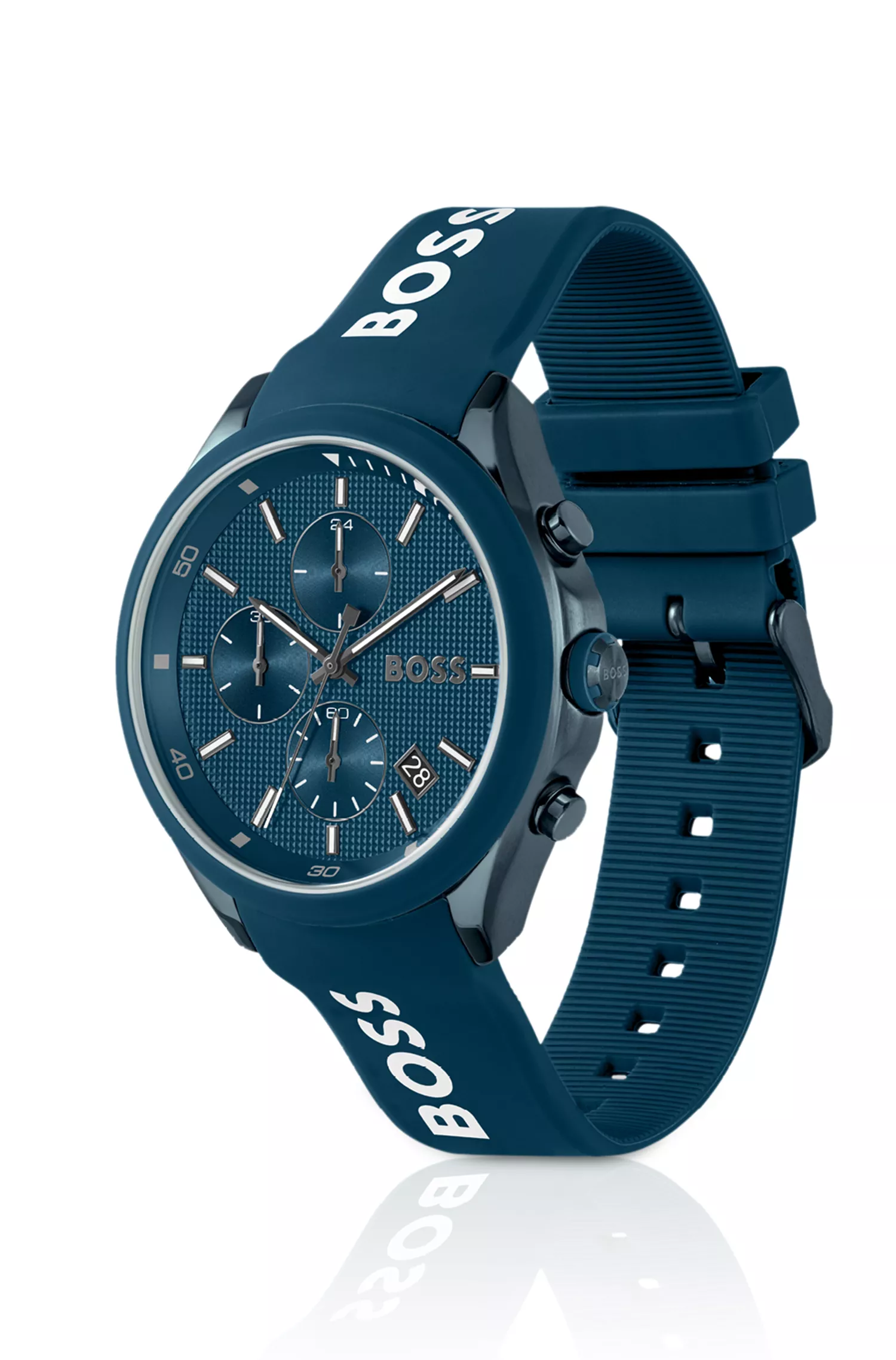 Relógio cronógrafo BOSS com revestimento preto e azul e pulseira de silicone azul.