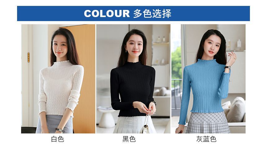 Tel tot 10 - Lange mouwen, geplooide hals, geribbelde, slim-fit gebreide top met sla-afwerking
