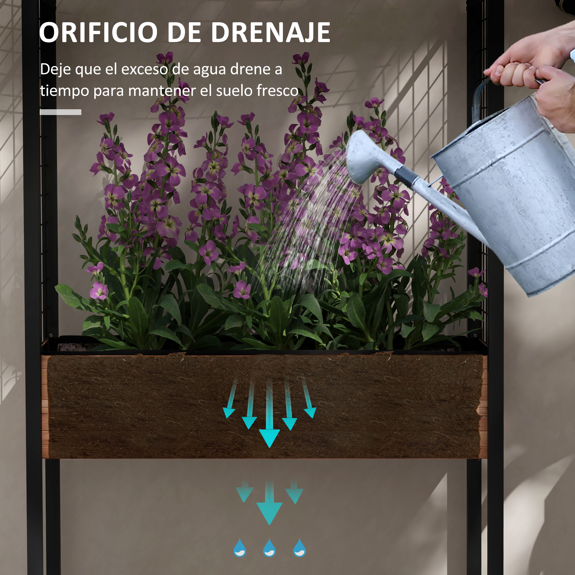 Canteiro Elevado Outsunny com Rodas, Jardim Urbano com Treliça e Orifícios de Drenagem para Plantas Trepadeiras e Flores, Vaso de Madeira, 110x49x190 cm, Marrom