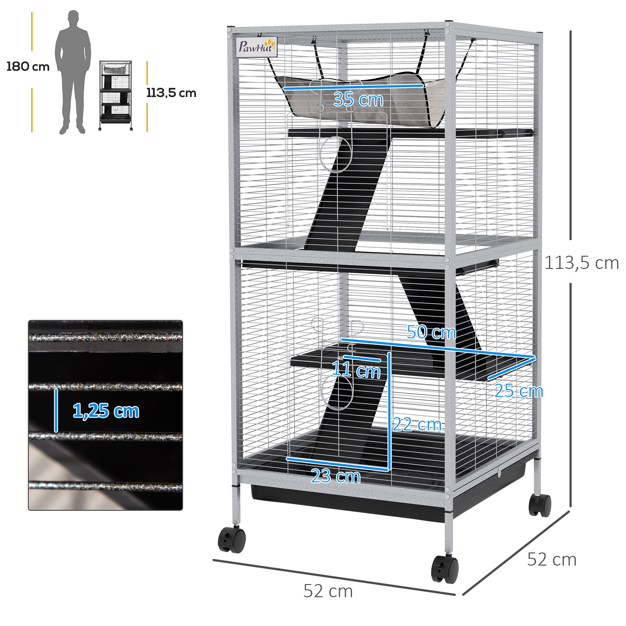 Gaiola PawHut de 4 Níveis para Pequenos Animais, com Rodas, 2 Portas, 3 Rampas, Rede Suspensa e Bandeja Removível para Chinchilas, 52x52x113,5 cm, Branca