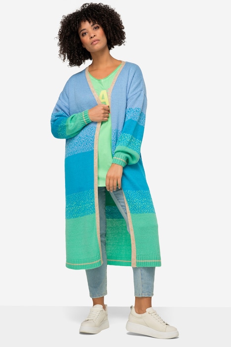 Strickjacke, offene Form, Feinstrick, Blockstreifen, Langarm