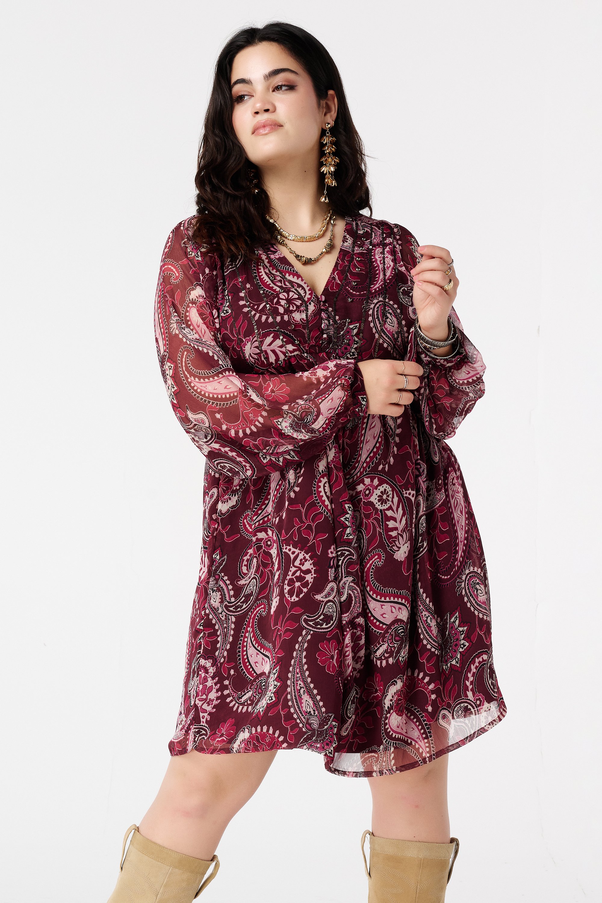 Jurk met sheer mouwen en print Multi Pink
