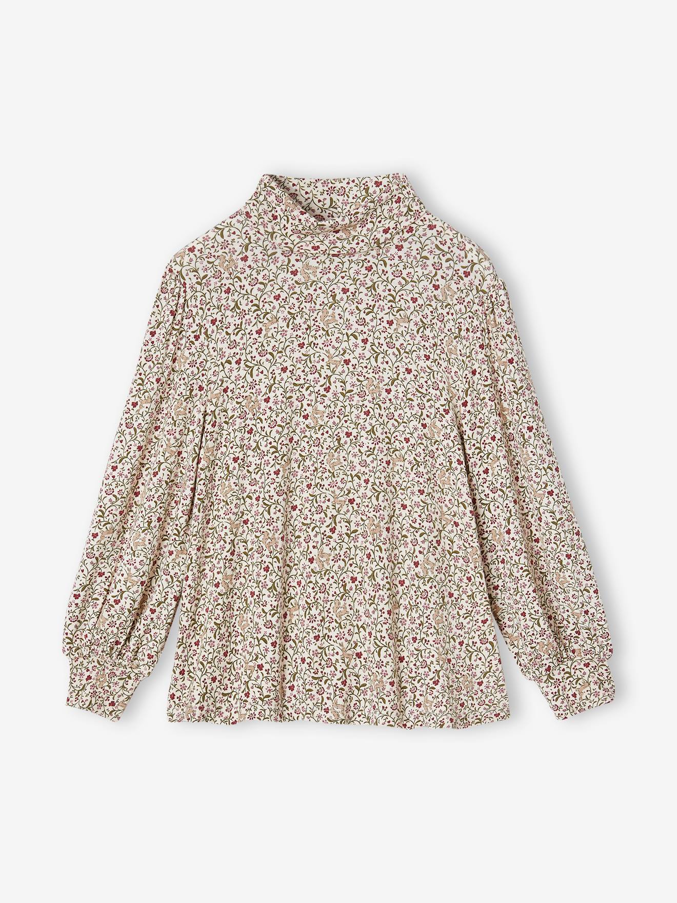 Camiseta de gola alta feminina na cor chocolate com estampa.