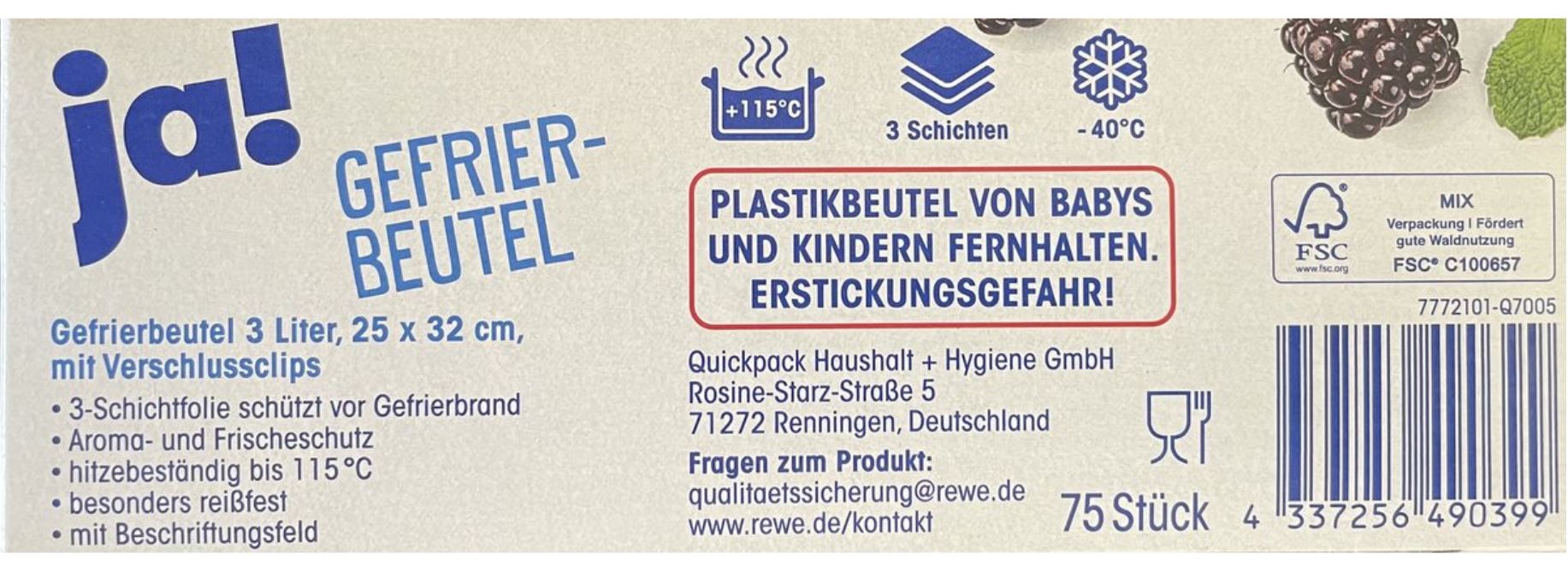 JA! Gefrierbeutel 3 Liter 75 Stück