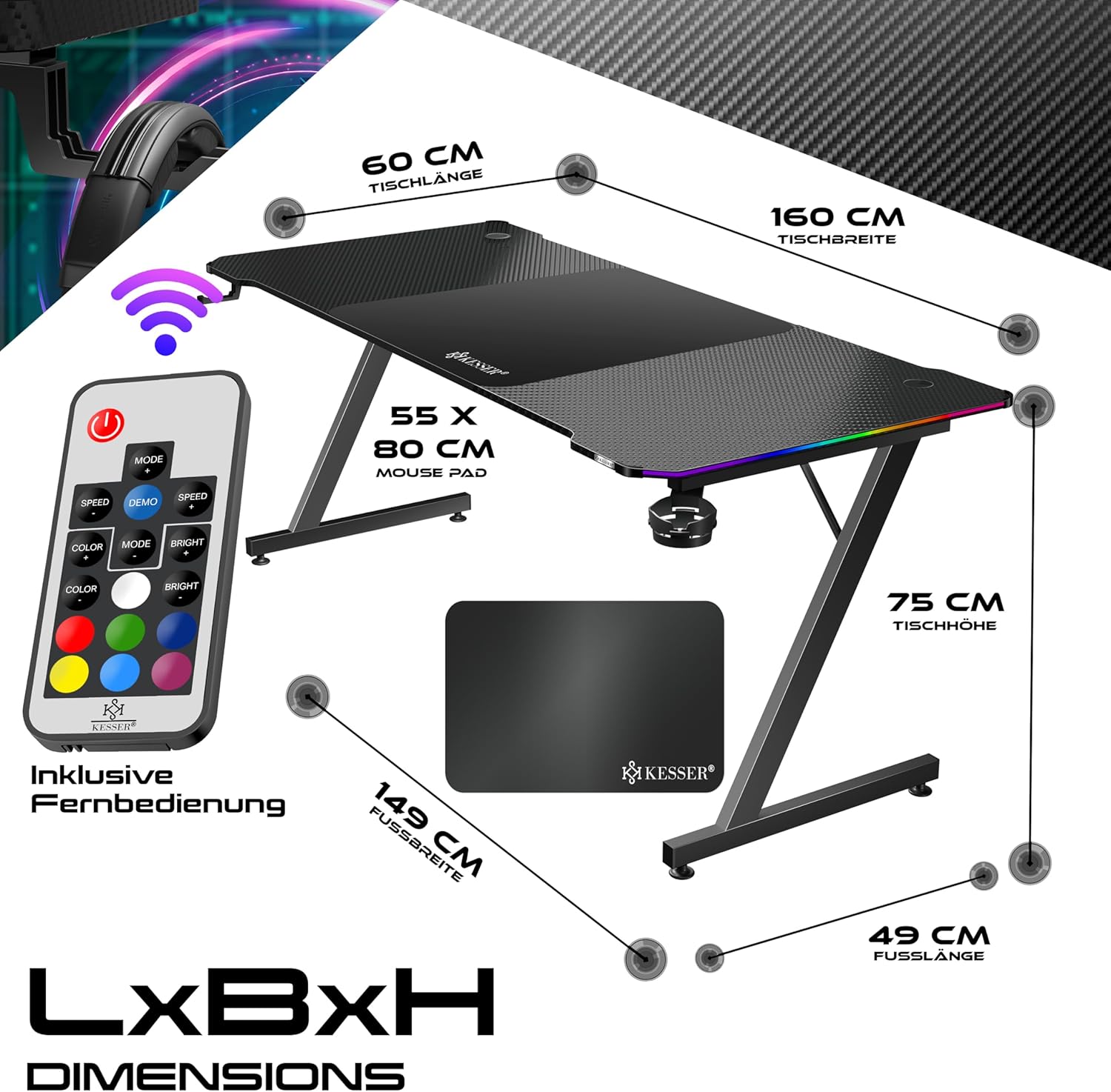 KESSER® Gaming Tisch LED 160cm x 60cm | Z-Form Gamer Schreibtisch | Kopfhörerhaken & Kohlebeschichtung | Ergonomischer PC Computertisch | Stabiler Tisch mit Getränkehalter Schwarz