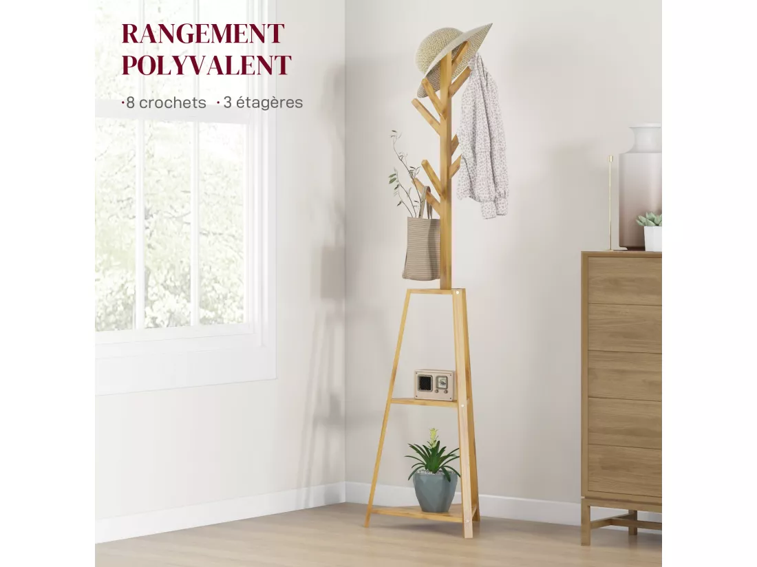Portemanteau sur pied bois bambou - 8 patères, 3 étagères - dim. 46L x 46l x 175H cm