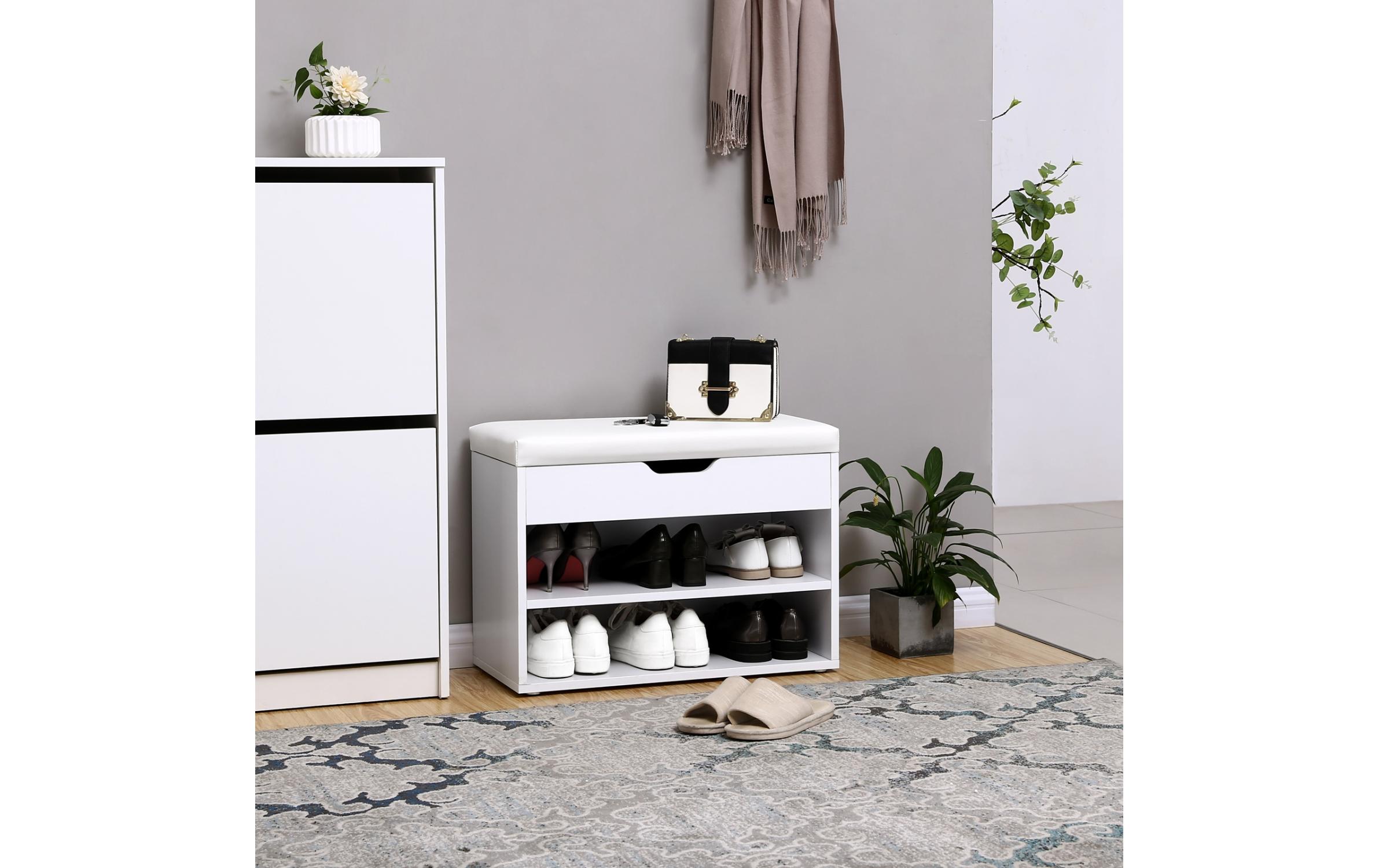 Schuhregal mit Polsterbank 60 x 44 cm, Weiss mattSchuhbank