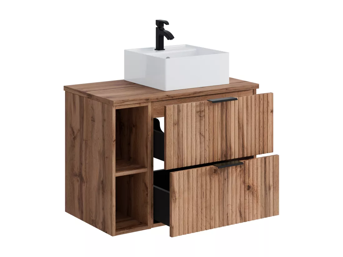 Meuble de salle de bain suspendu strié avec niches et vasque à poser carrée - Naturel clair - L80 cm - ZEVARA