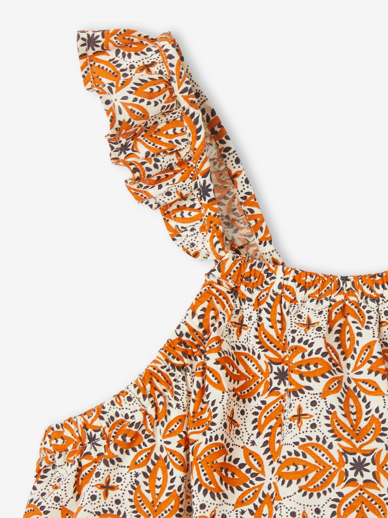 Vestido curto off-white com alças finas, babados e estampa étnica para meninas.