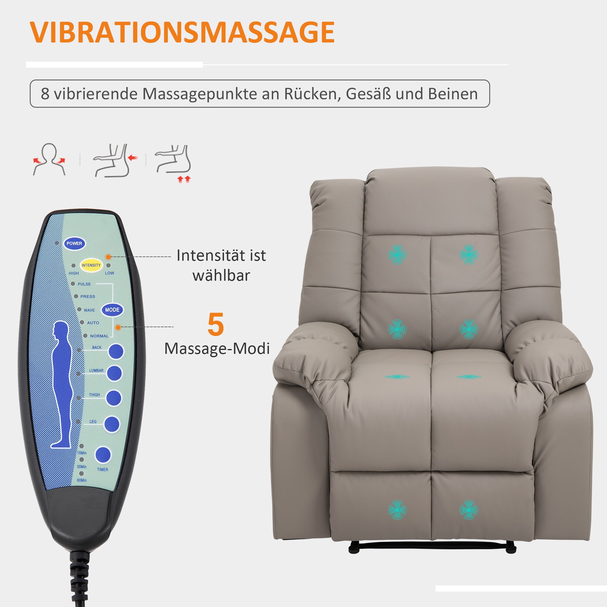 HOMCOM Massagesessel mit Liegefunktion und Fernbedienung 94B x 99T x 99H cm