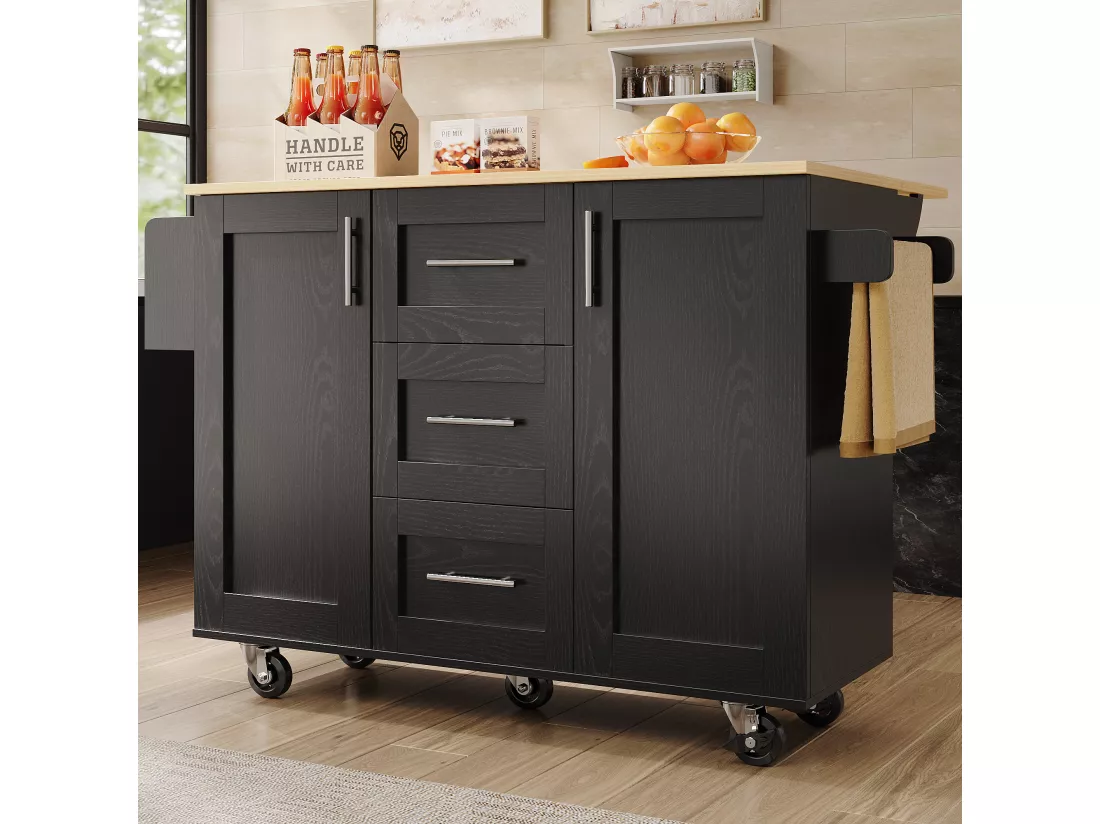 Ilot central de cuisine - chariot à roulette avec plateau extensible - 3 tiroirs et 2 portes - Noir