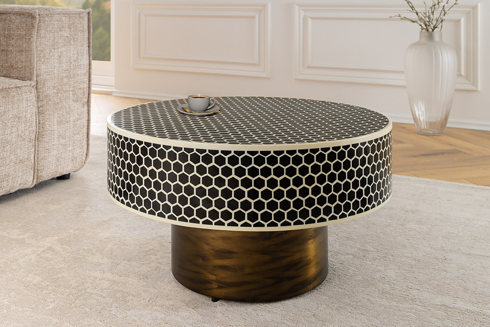 Runder Couchtisch HARMONY NATURE 60cm schwarz weiß gold mit Mosaik