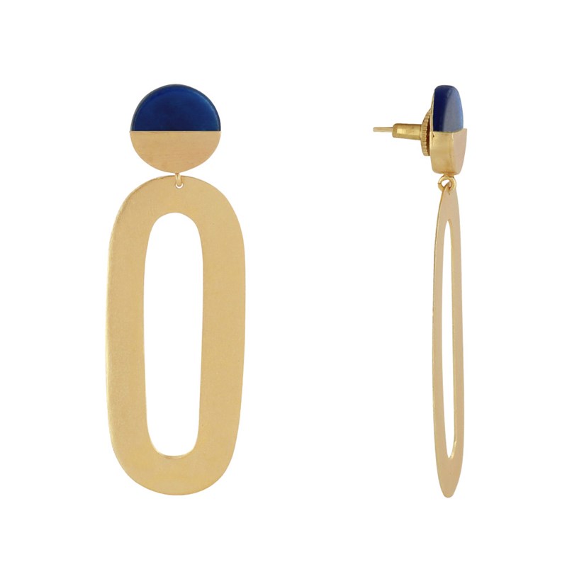 Boucles d'Oreilles Laiton Doré Petit Disque Coloré et Grand Ovale Ajouré
