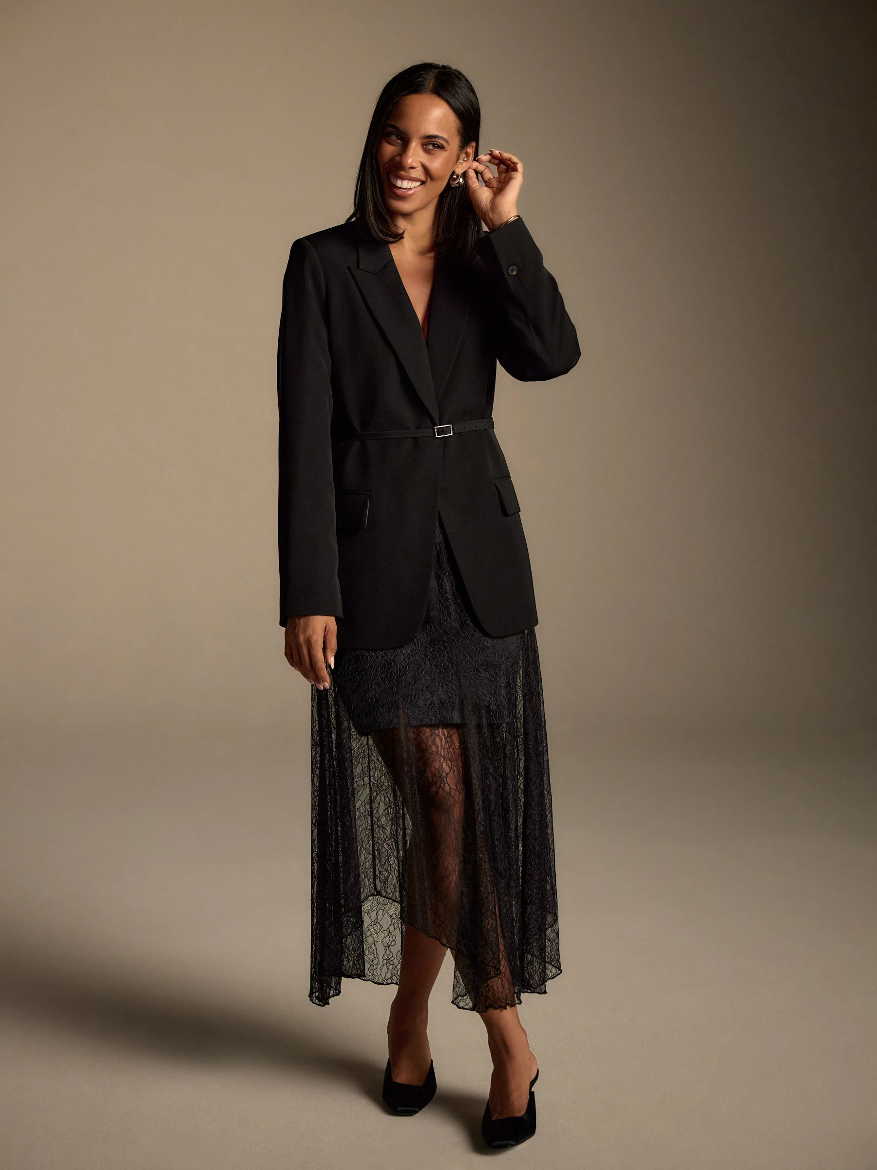 Zwart - Single Breasted Skinny Belt Blazer