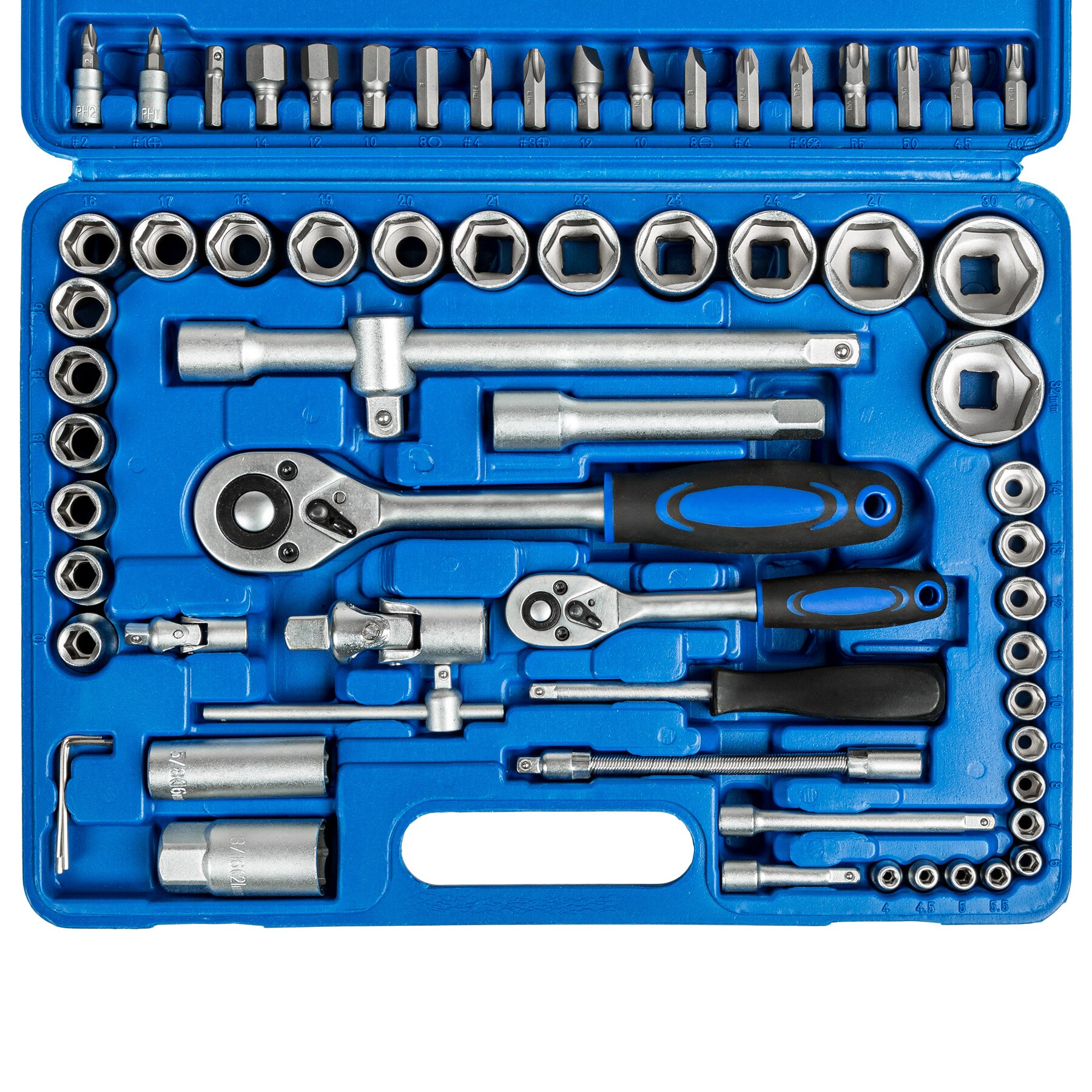 tectake® Steckschlüsselsatz, 94-teilig, 1/4 und 1/2 Zoll, mit Kodierung und Kugelfangrille, übersichtliche Anordnung im Kunststoffkoffer