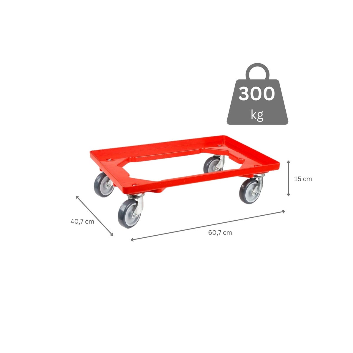 PROREGAL Transportwagen voor Euroboxen 60 x 40 cm met rubberen wielen, rood, open dek, 2 zwenkwielen en 2 bokwielen, draagvermogen 300 kg