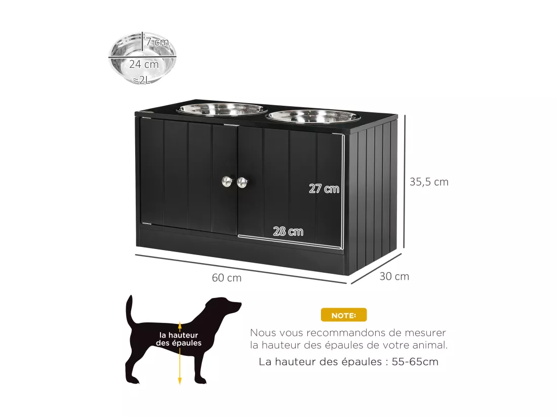 Gamelle double chien chat - porte-gamelles surélevé armoire 2 en 1 - 2 portes, 2 gamelles - acier inox. MDF noir