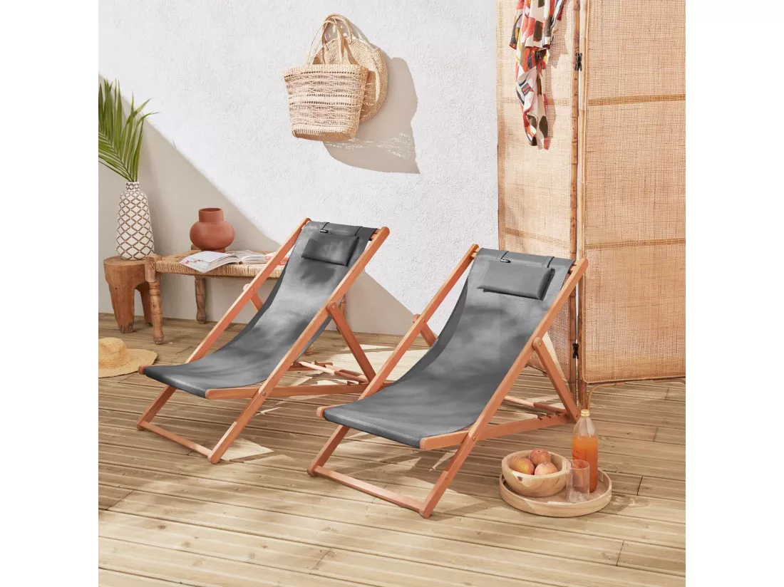Chiliennes bois - Creus - 2 transats en bois d'Eucalyptus huilé avec coussin repose-tête gris