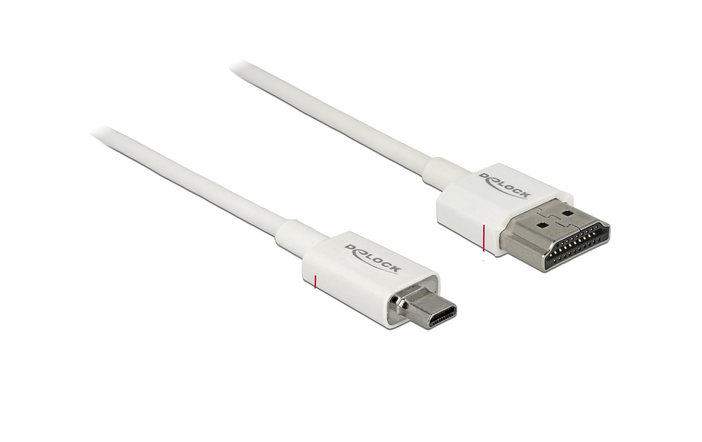 Kabel 4K 60Hz HDMI - Micro-HDMI (HDMI-D), 1 m, WeissDelock Kabel High Speed HDMI mit Ethernet – HDMI-A Stecker > HDMI Micro-D Stecker 3D 4K 1 m Slim High Quality