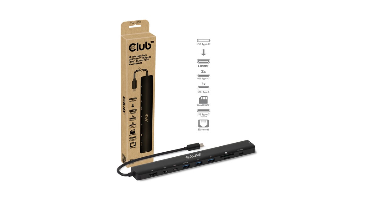 Club 3D10-1 Portable Dock USB Type-C 10Gbps to HDMI 8K30Hz PD3.1 Max.140 Watt dockingstation  (Zwart, HDMI, USB-C, LAN)