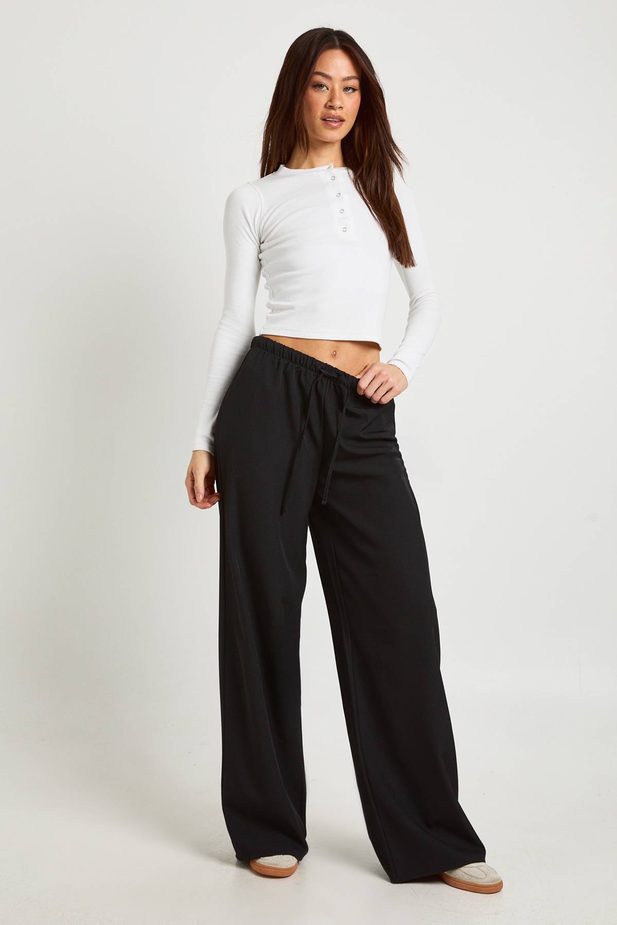 boohoo Pantalon Large Taille Haute Élastiquée Avec Cordon De Serrage Tissé Pour Grande Taille