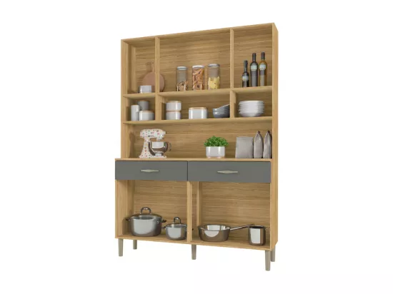 Buffet de Cuisine 8 Portes 2 Tiroirs Chêne et Gris L 121.4 H 173.5 P 36.3 cm
