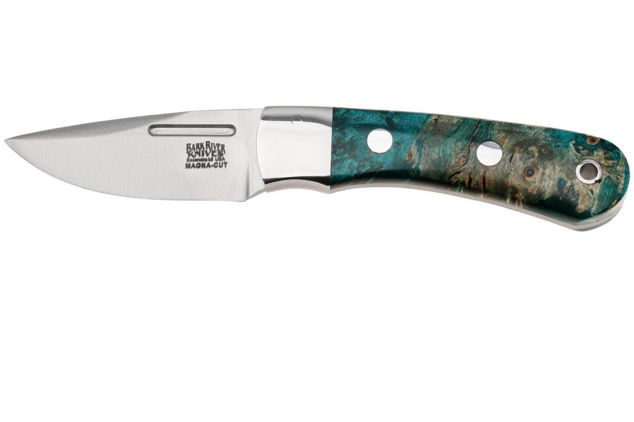 Bark River Essential CPM MagnaCut, Blue & Gold Elder Burl, vaststaand mes